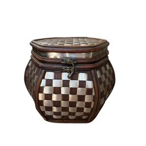 Vintage Bamboo Metal Inlay Decorative Storage Box – Handcrafted Hexagon Trinket